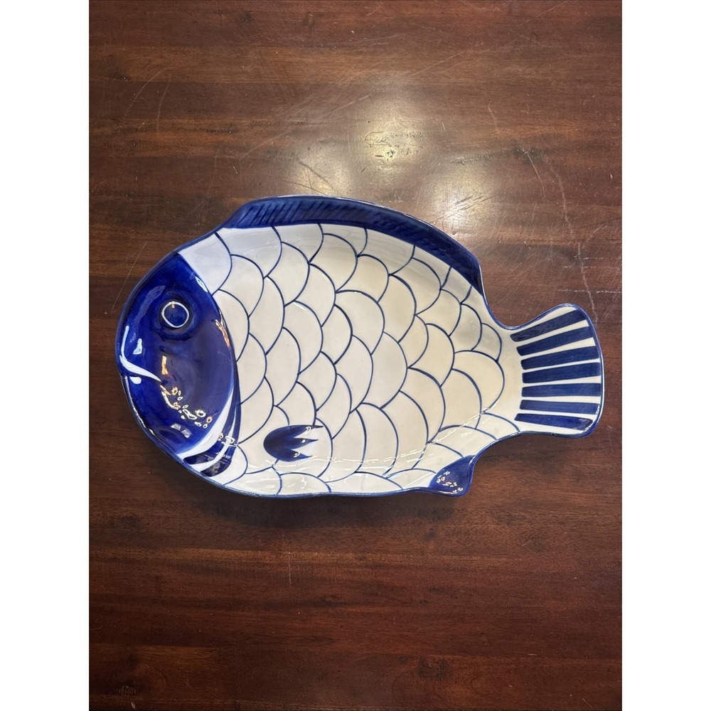 Vintage 90s Dansk Arabesque Fish Large Serving Platter Seafood Blue & White